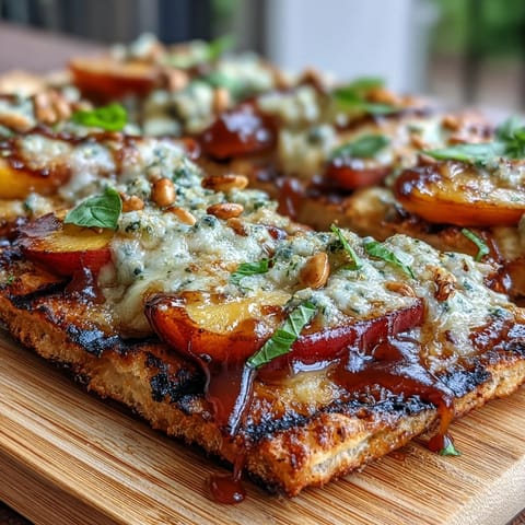 Grilled flatbread with juicy peaches, melted Brie, and BBQ sauce—summer's perfect appetizer.