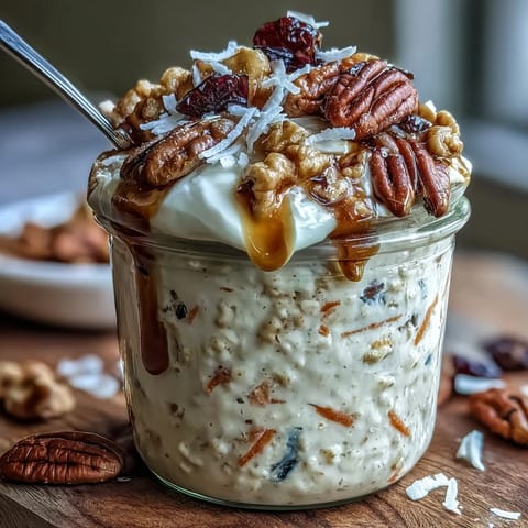 Hearty overnight oats with classic carrot cake flavors—cinnamon, nutmeg, and walnuts—topped with shredded coconut.  