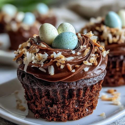 Adorable bird's nest cupcakes topped with rich chocolate frosting, shredded coconut, and mini candy eggs—perfect for Easter celebrations.  