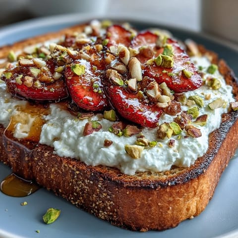 Strawberry Honey Ricotta Toast with Pistachios, a vibrant, sweet breakfast delight.