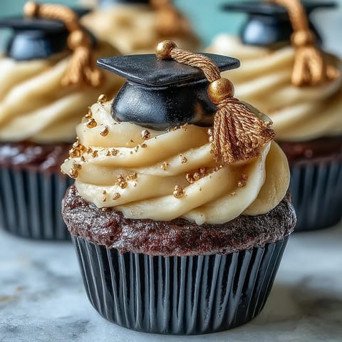 Celebrate with these sweet vanilla graduation cupcakes topped with edible black and gold caps.