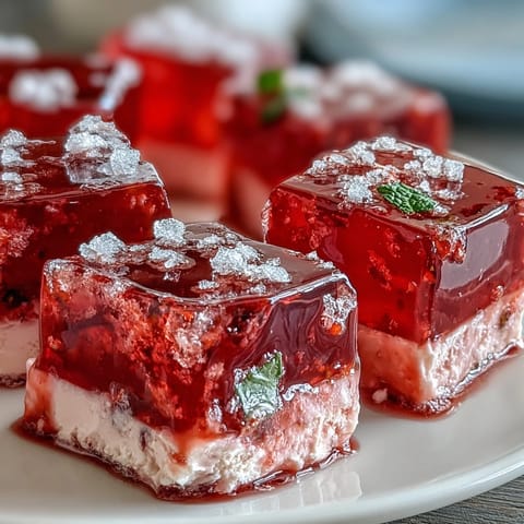 A shimmering Strawberry Rose Gelatin Mosaic Cake with vibrant fruit cubes.