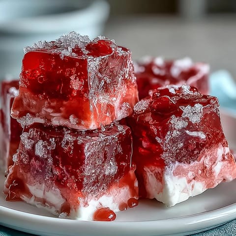 Indulge in this beautiful, fruity Strawberry Rose Gelatin Mosaic Cake, ready to serve.