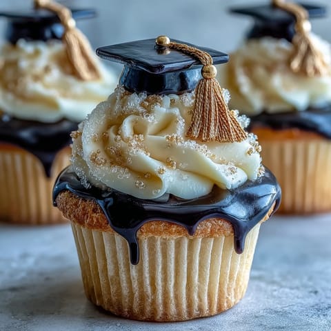 Festive graduation cupcakes featuring shiny black and gold fondant caps on vanilla cake.