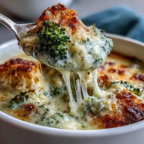 Creamy broccoli cheddar soup in a white bowl, garnished with shredded cheese and fresh broccoli florets, served with crusty bread.