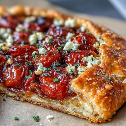 Rustic galette with bright roasted cherry tomatoes, creamy feta, perfect appetizer.