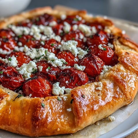 Golden Roasted Cherry Tomato Feta Galette, flaky pastry, tangy cheese, and sweet tomatoes.