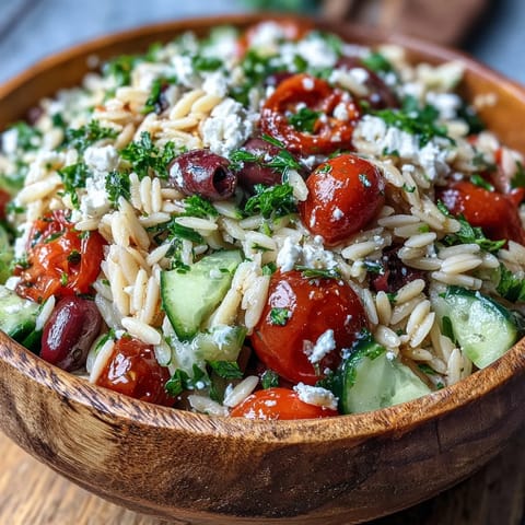 Refreshing Summer Orzo Salad with Feta, bright lemon dressing, perfect for picnic tables.