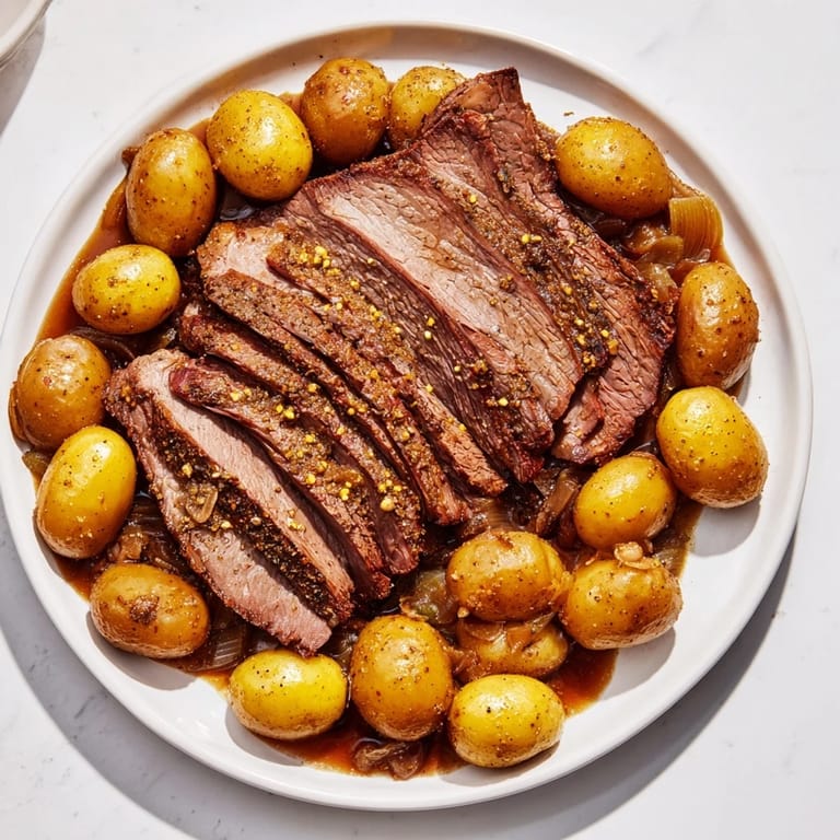 Perfectly cooked 4-ingredient slow cooker pot roast, falling apart with a delicious, rich aroma.