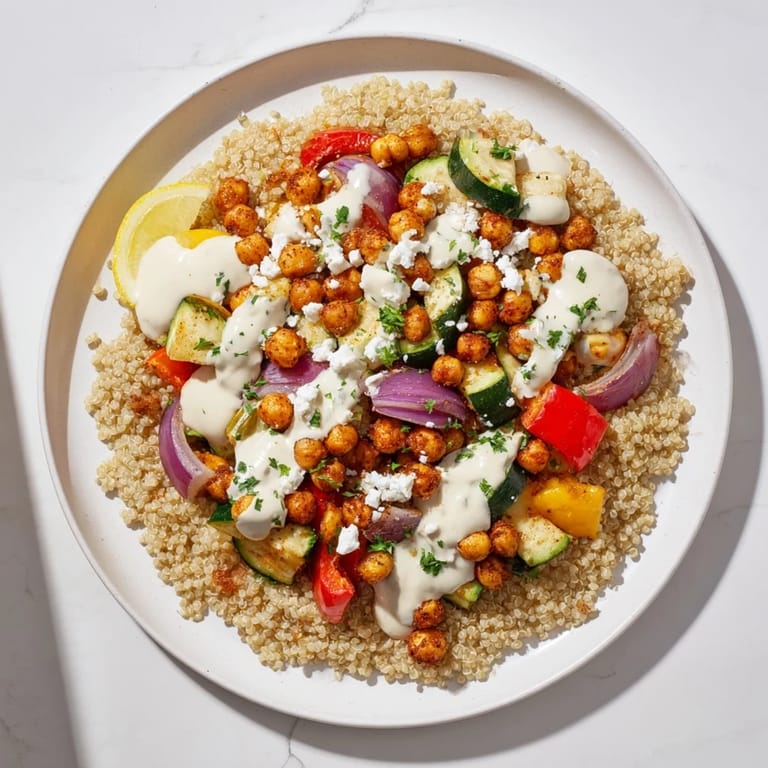 A close-up of a delicious Mediterranean Chickpea and Veggie Grain Bowl, ready to be enjoyed as a meal.