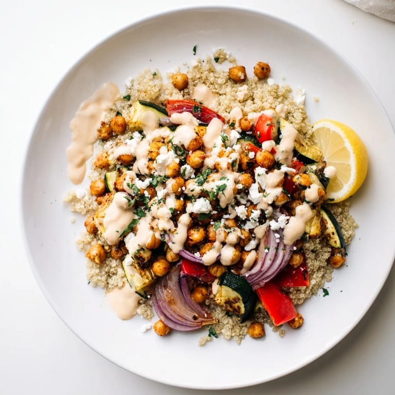 This healthy Mediterranean Chickpea and Veggie Grain Bowl includes roasted chickpeas and fresh herbs for flavor.