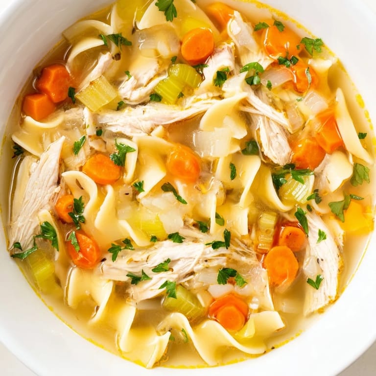 Homemade Cozy Chicken Noodle Soup garnished with parsley, a hearty, warm bowl on a chilly day.