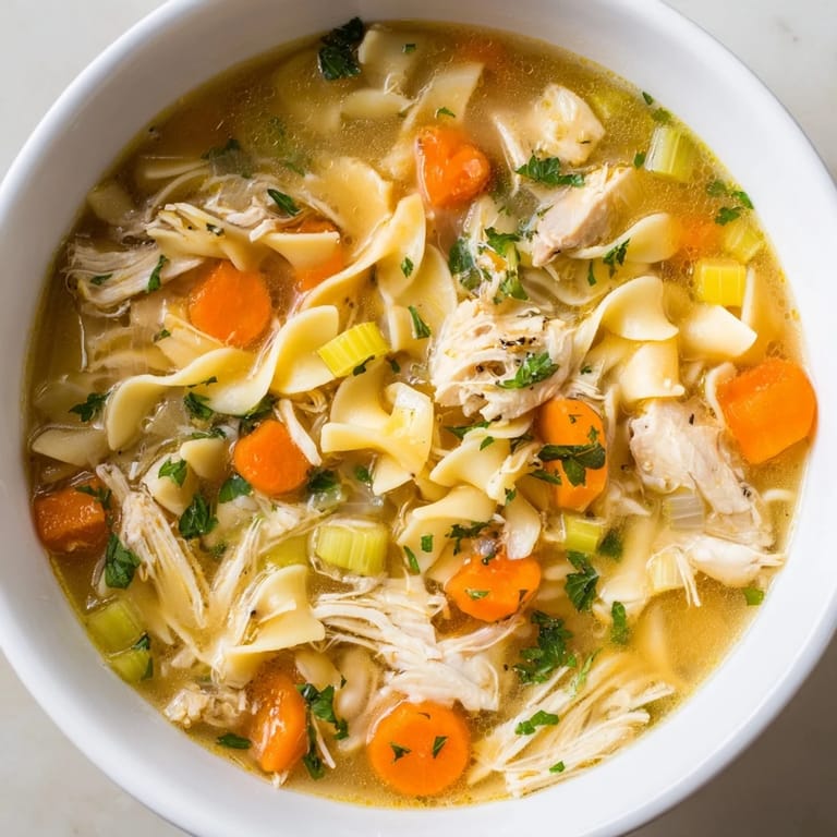 Close-up of a rustic Cozy Chicken Noodle Soup, with visible carrots and celery in rich broth.