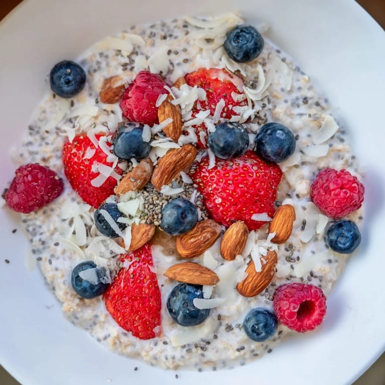 A close-up of overnight oats with berries shows vibrant fruit and chia seeds.