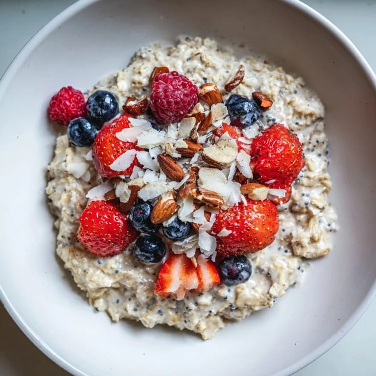 Enjoy a spoonful of delicious overnight oats with berries, perfect for a quick, healthy meal.