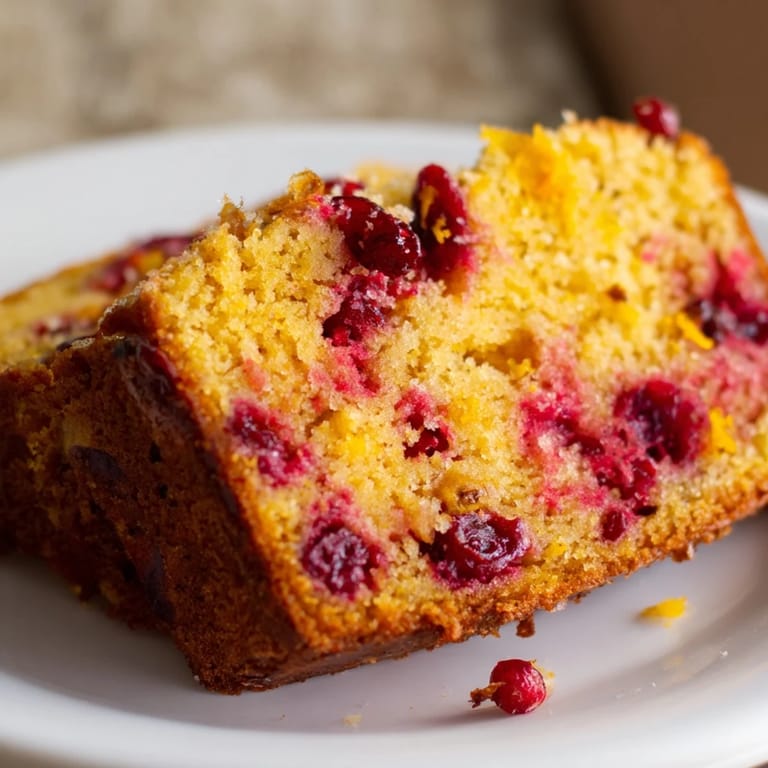 Golden brown, warm cranberry and orange bread with glistening cranberries, ready to serve and enjoy.