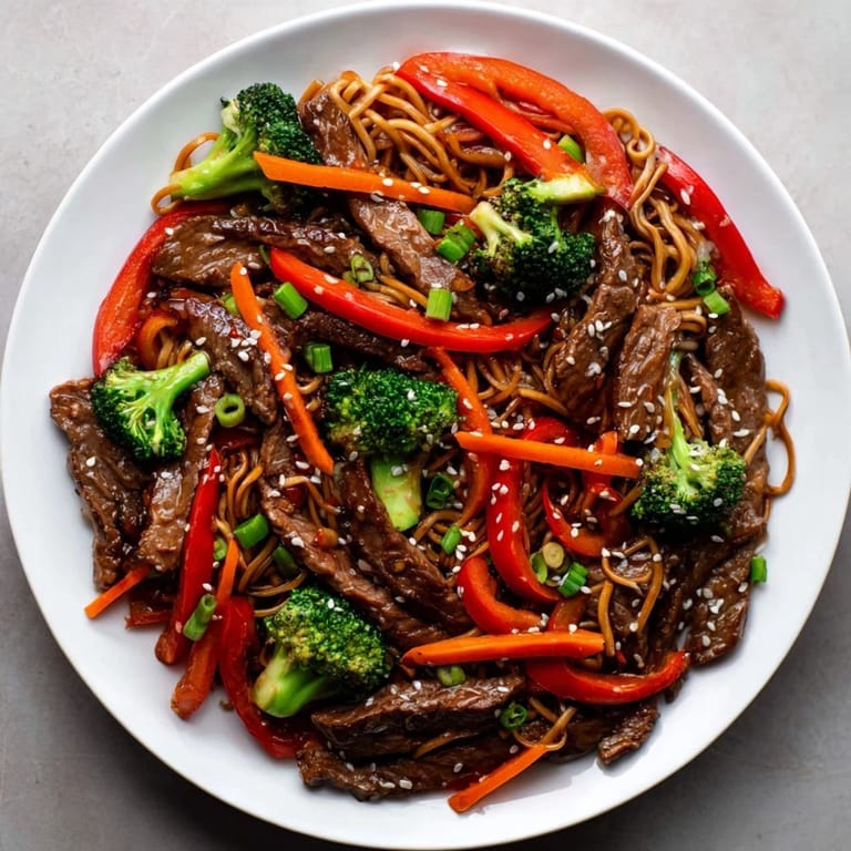 Flavorful Easy Beef Stir-Fry with Lo Mein Noodles showcasing tender beef and vibrant vegetables.