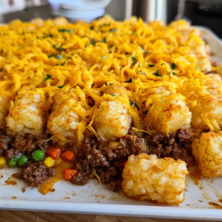 A hearty helping of Family Favorite Tater Tot Casserole with melted cheese, brimming with savory goodness.