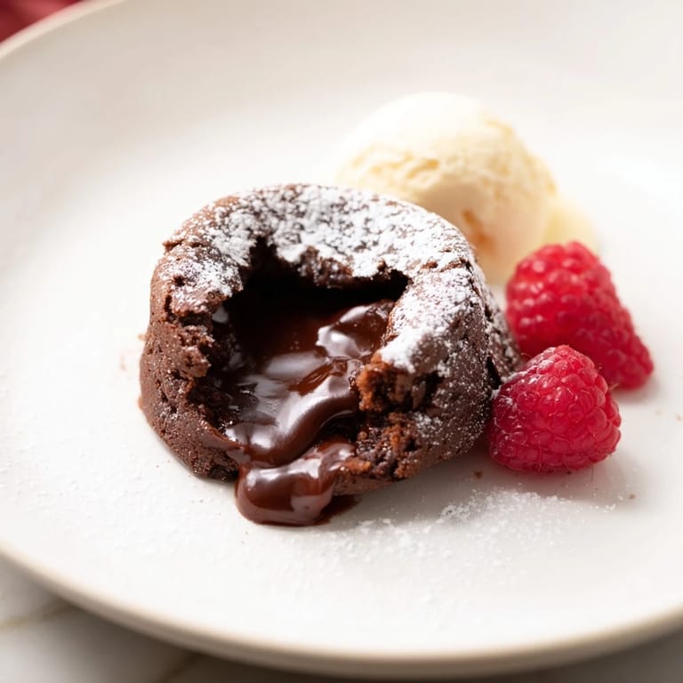 Fresh berries next to perfect mini chocolate lava cakes suggest a delicious dessert combination.