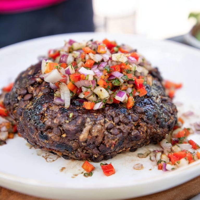 Crispy-edged black bean burgers; the perfect plant-based meal, served with fresh, colorful burger fixings.