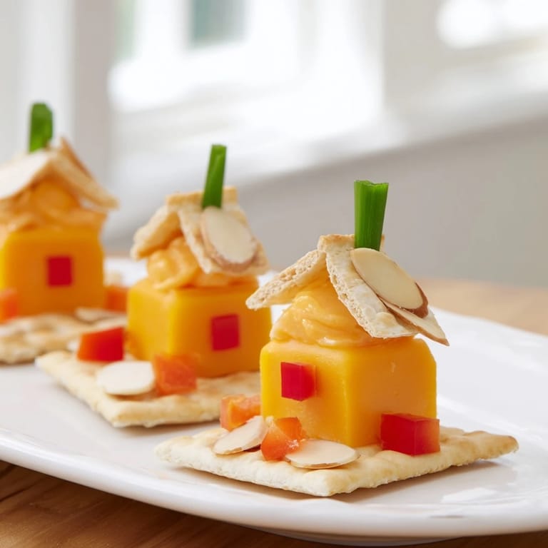 Adorable miniature Alpine Village buildings on a cracker platter, perfect for a party snack.