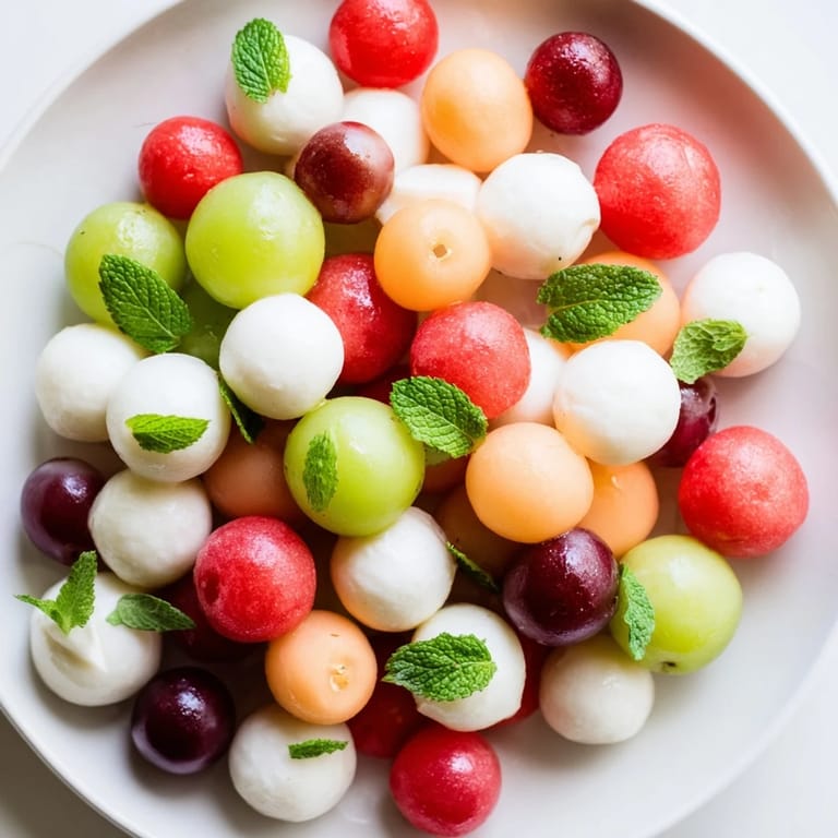 Delicious and visually appealing Polka Dot Platter, featuring melon and grape balls with cheese, perfect for entertaining.