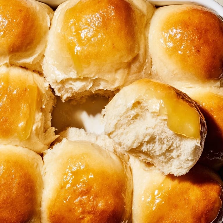 Image of golden brown Quick-Rise Dinner Rolls arranged in a baking dish, a classic American treat.