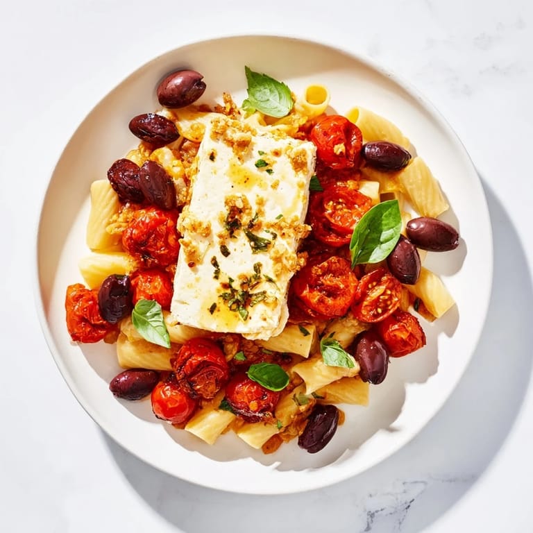 A vibrant bowl of Baked Feta Pasta with fresh basil, ready for a comforting meal.