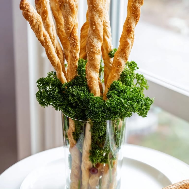 The Vertical Forest: Tall breadsticks stand like trees encircled by grapes and fresh parsley.