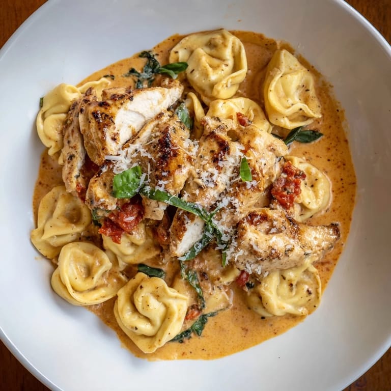 A close-up shot of Marry Me Chicken Tortellini with golden chicken and bright red sun-dried tomatoes inside.