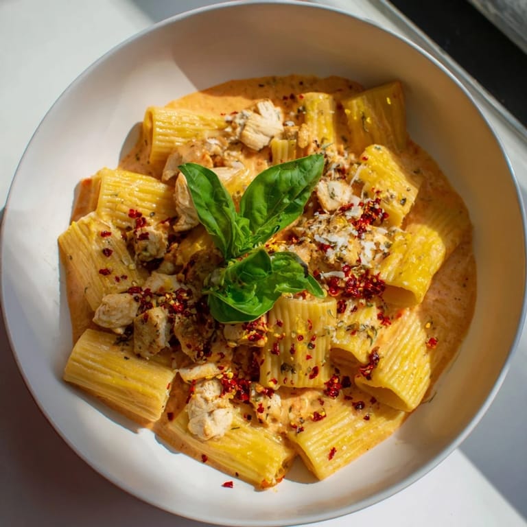 Close-up of the Spicy Vodka Chicken Pasta, highlighting the chili crisp and fresh basil garnish.