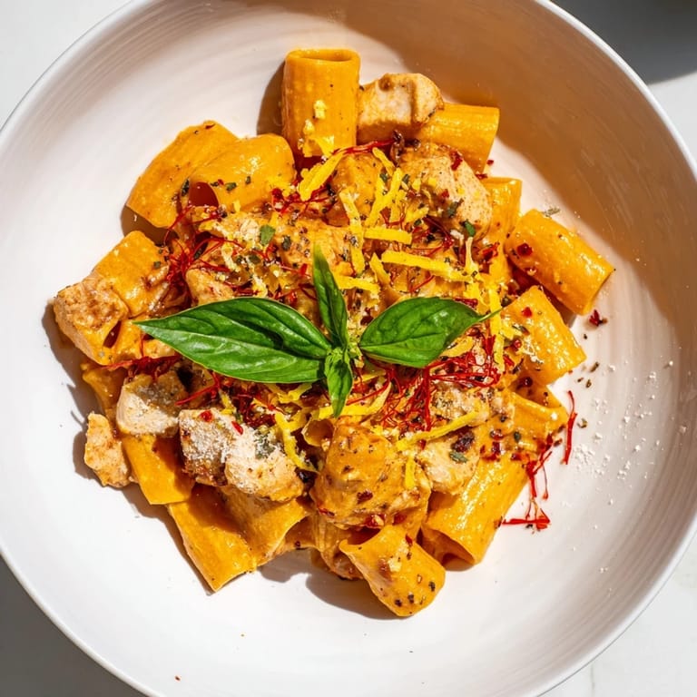 Perfectly plated Spicy Vodka Chicken Pasta with a swirl of pasta, ready to enjoy with parmesan.