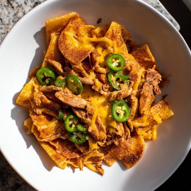 Golden, crispy Pasta Chip Nachos topped with tender chicken and melted cheddar, perfect for sharing.