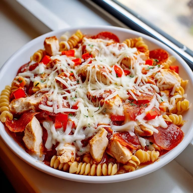 This hearty One-Pan Pizza Pasta features rotini, pepperoni, and chicken, ready to be enjoyed.