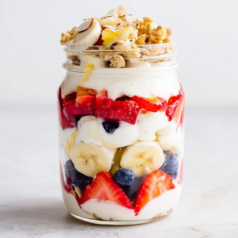Picture a refreshing Layered Yogurt Fruit Parfait: layered yogurt, fresh fruit, and crunchy granola for a quick energy boost.
