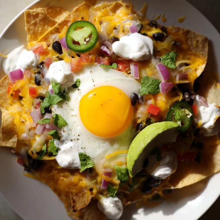 Melted cheese blankets the flavorful ingredients of zesty Egg-Topped Breakfast Nachos, a Tex-Mex delight.