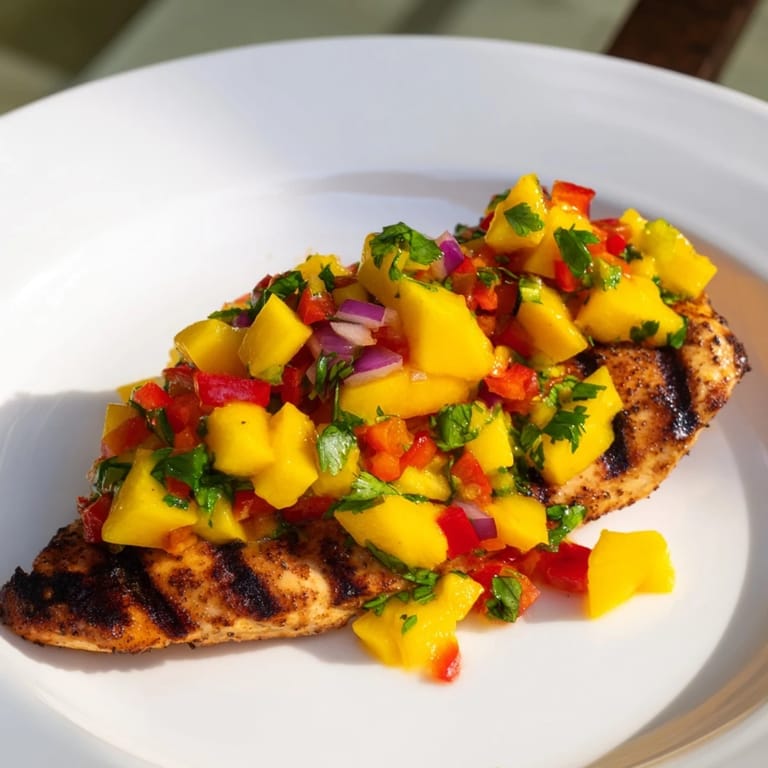 Grilled Mango Salsa Chicken with bright, colorful salsa, ready for a delicious dinner.