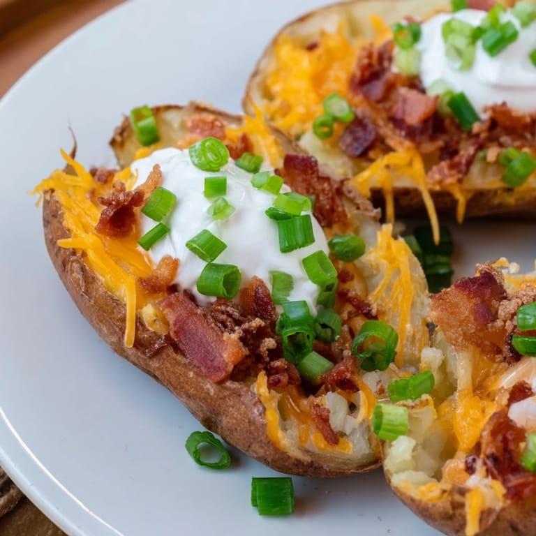 A close-up shot of delicious Loaded Baked Potato Skins, ready to be devoured with fresh toppings.