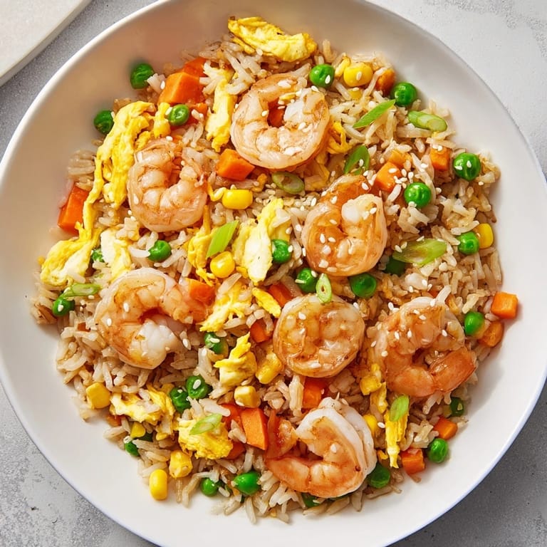 Savory shrimp fried rice with fluffy rice, shrimp peeking out, and garnished with fresh scallions.