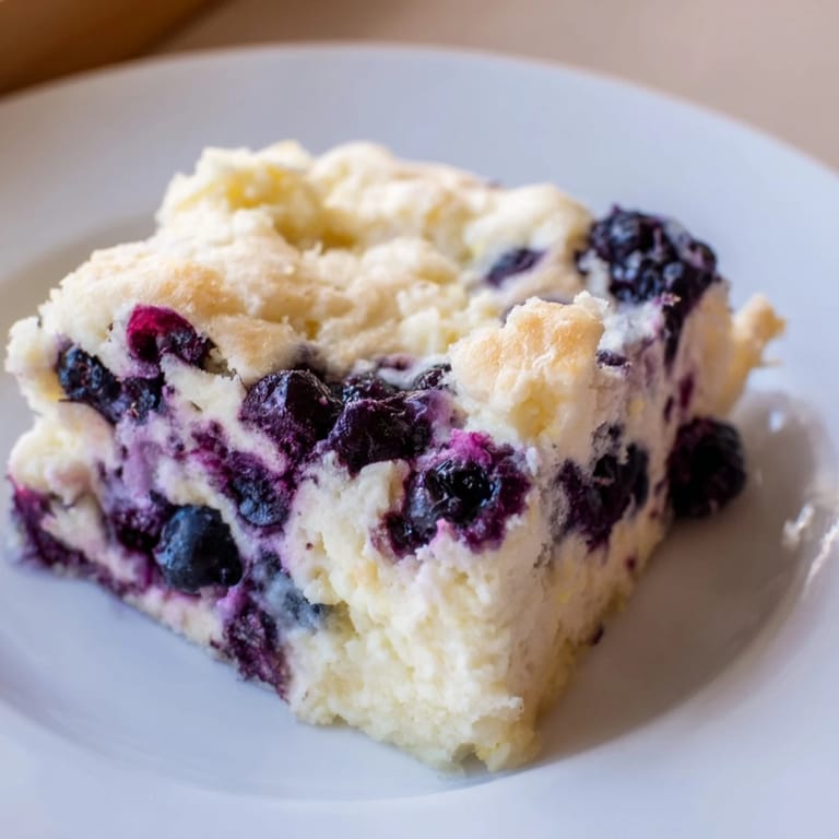 Enjoy a slice of creamy Blueberry Cottage Cheese Bake, baked until the blueberries burst with flavor.