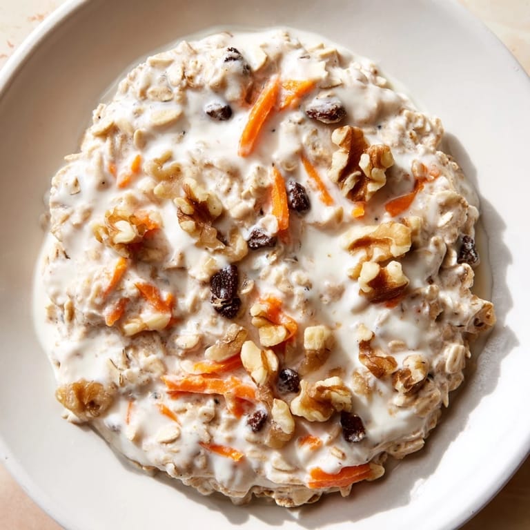 A delicious close-up of Carrot Cake Overnight Oats, showcasing a delightful, wholesome breakfast bowl.