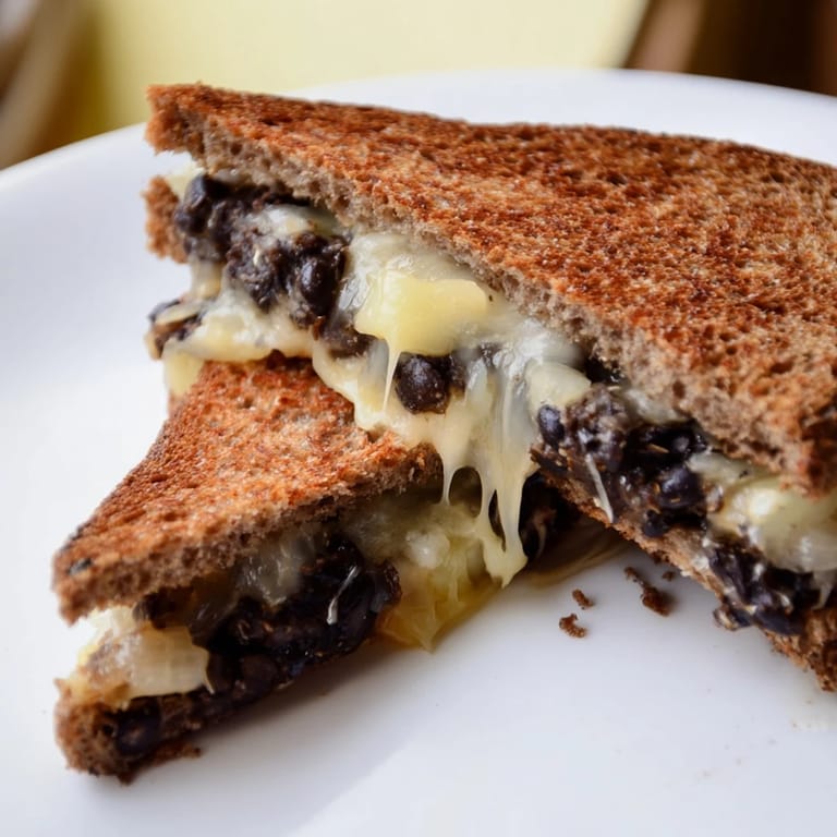 A warm plate of Black Bean Grilled Cheese, with steam rising, a comforting vegetarian meal perfect for lunch.