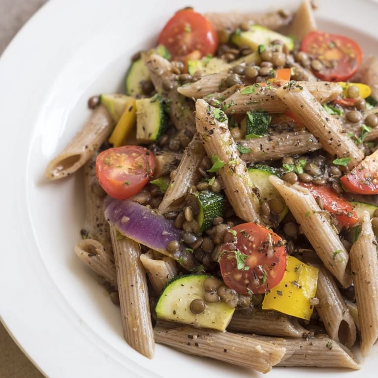 Flavorful Lentil Pasta dish tossed with tender roasted vegetables for a satisfying, healthy dinner.