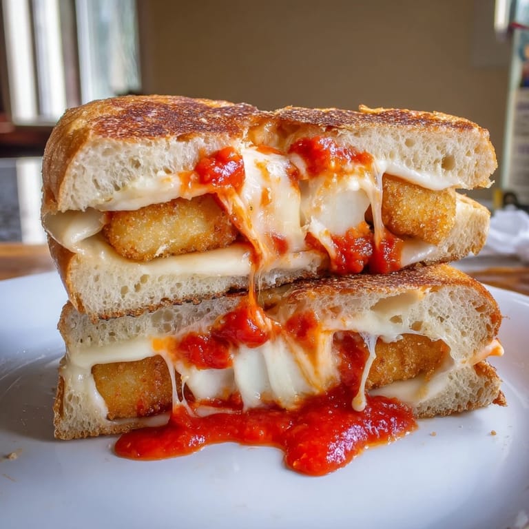 Crispy, golden Mozzarella Stick Grilled Cheese cut in half, oozing cheese and marinara, a comfort food treat.