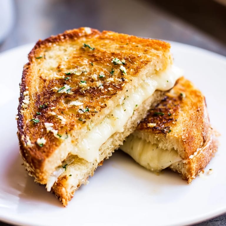 A close-up of a perfectly plated Garlic Butter Mayo Grilled Cheese sandwich, cheese pull included.
