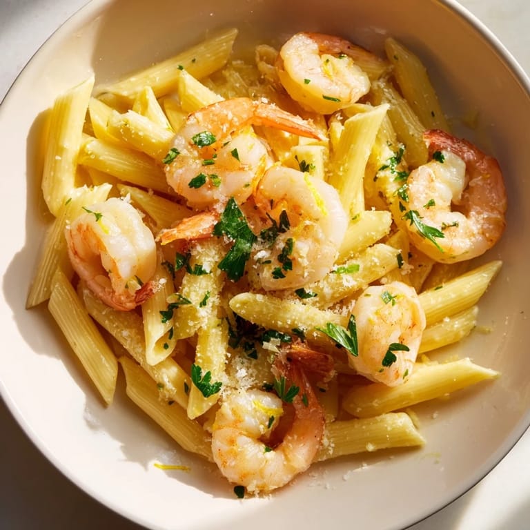 Savory Garlic Shrimp Penne with visible shrimp, a perfect dinner with al dente pasta.