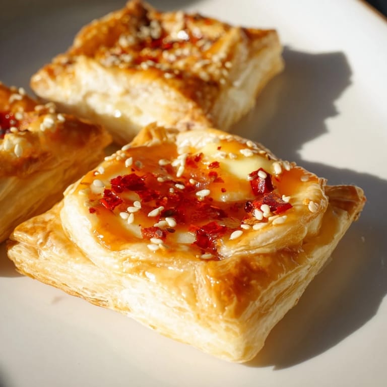 Close-up of baked Chili Crisp Honey Brie Bites: a flavorful appetizer with honey drizzle.