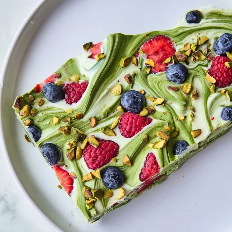 Homemade frozen yogurt bark, swirled green matcha and sweet berry purees, ready to be broken and devoured.