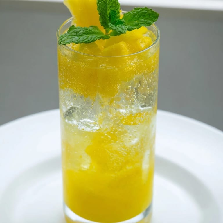 Bright red strawberry and golden pineapple with homemade fruit refresher drinks, ready to sip.