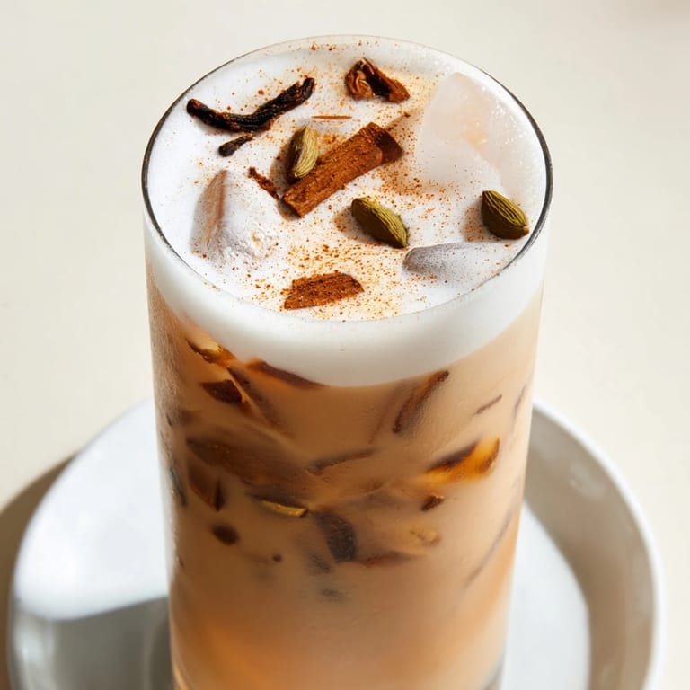A tall glass of Homemade Iced Chai with Cold Foam awaits, showcasing layers of dark tea and rich foam.